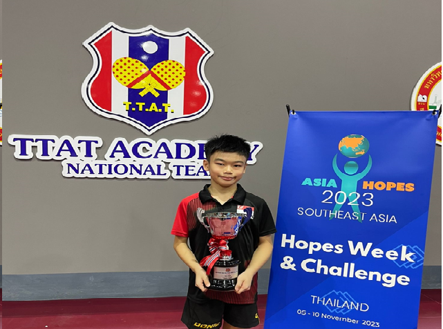 11-year-old Zane Ong emerged as the Champion, securing the first position in the Boys’ Singles U11 event at the International Table Tennis Federation (ITTF) Regional Hopes Week & Challenge, Bangkok Thailand.